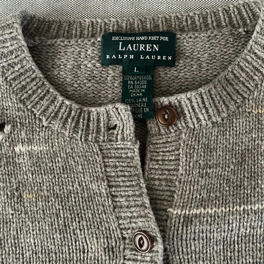 Vintage Lauren Ralph Lauren Brown/Gray Bird-Intarsia Button-Front Cardigan. - Picture 2 of 3